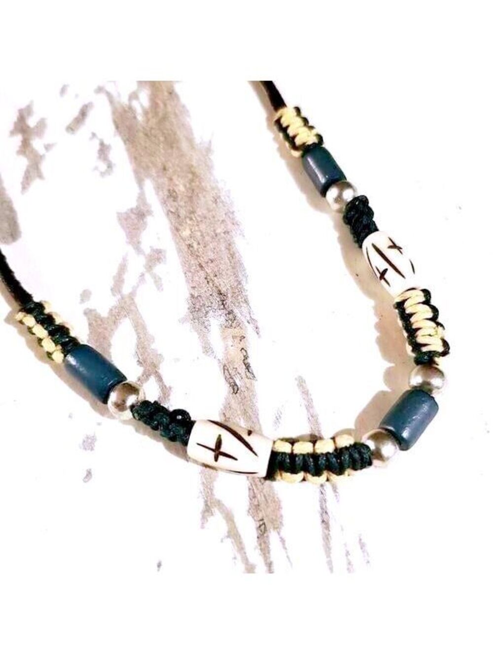 Hand Crafted India Tribal Black Blue Cream Silver Yak Bone Leather Necklace